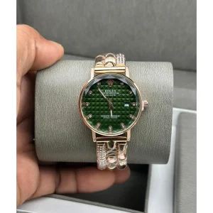 Rolex Watch Curved Dial Date Only Diamond Rosegold Green For Women (SUP2626)