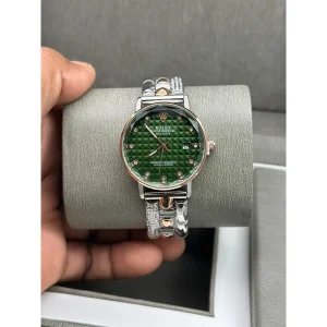 Rolex Watch Curved Dial Date Only Diamond Rosegold Two Tone Green For Women (SUP3679)