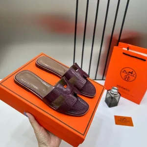Hermes Paris Oran Flats Croc Leather White For Her With OG Box & Carry Bag Maroon Slide For Women (LAB219)