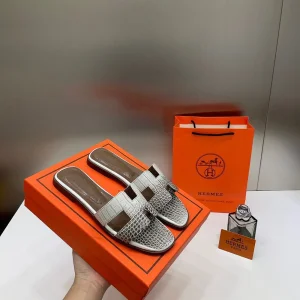 Hermes Paris Oran Flats Croc Leather White For Her With OG Box & Carry Bag White Slide For Women (LAB220)
